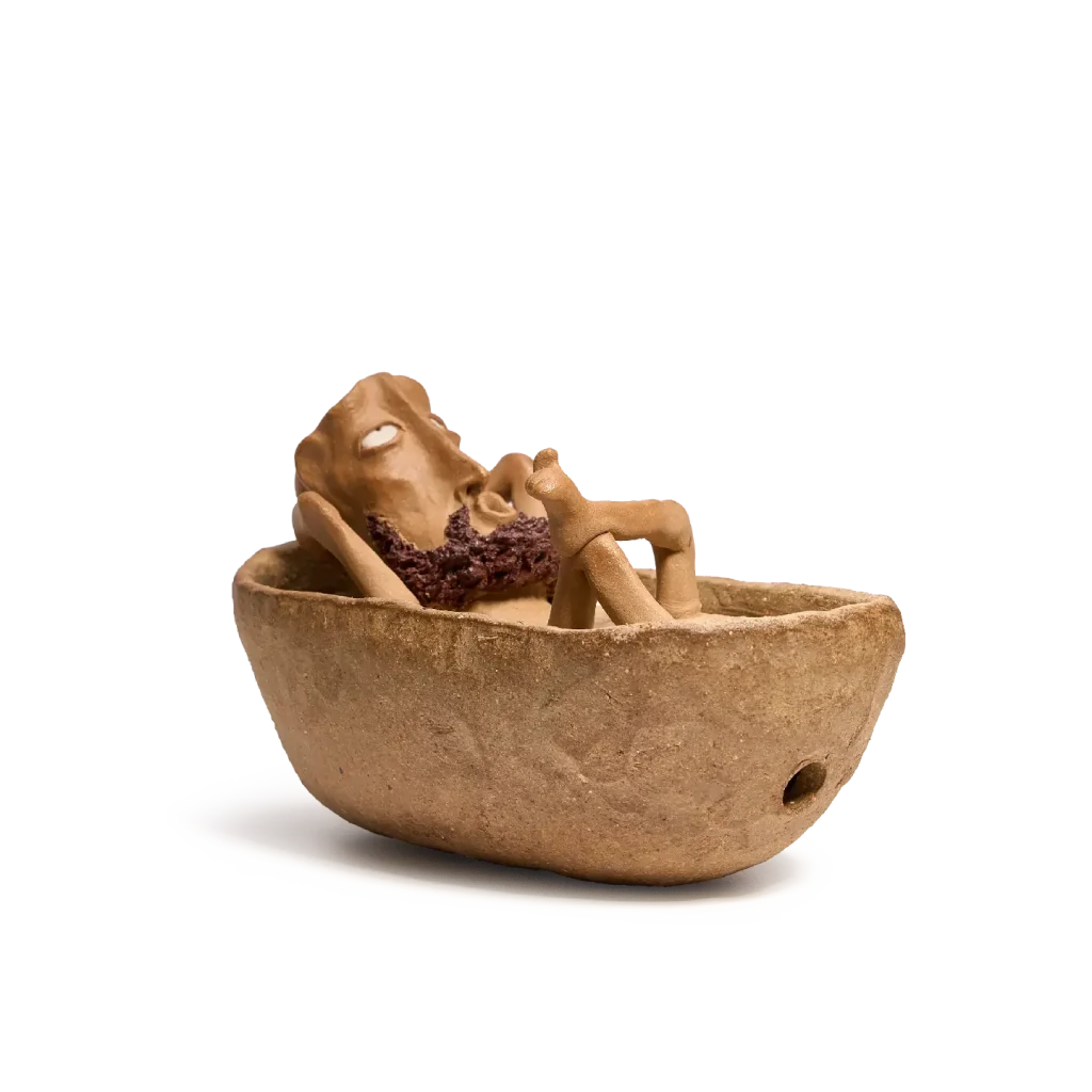 Bathing Zen Monk Clay Figurine-This handmade clay incense burner features a lounging monk blowing smoke from his mouth with an exaggerated, unbothered expression.