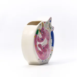 Hugging Cats Vase-A playful ceramic vase featuring two hugging cats covered in colorful doodles