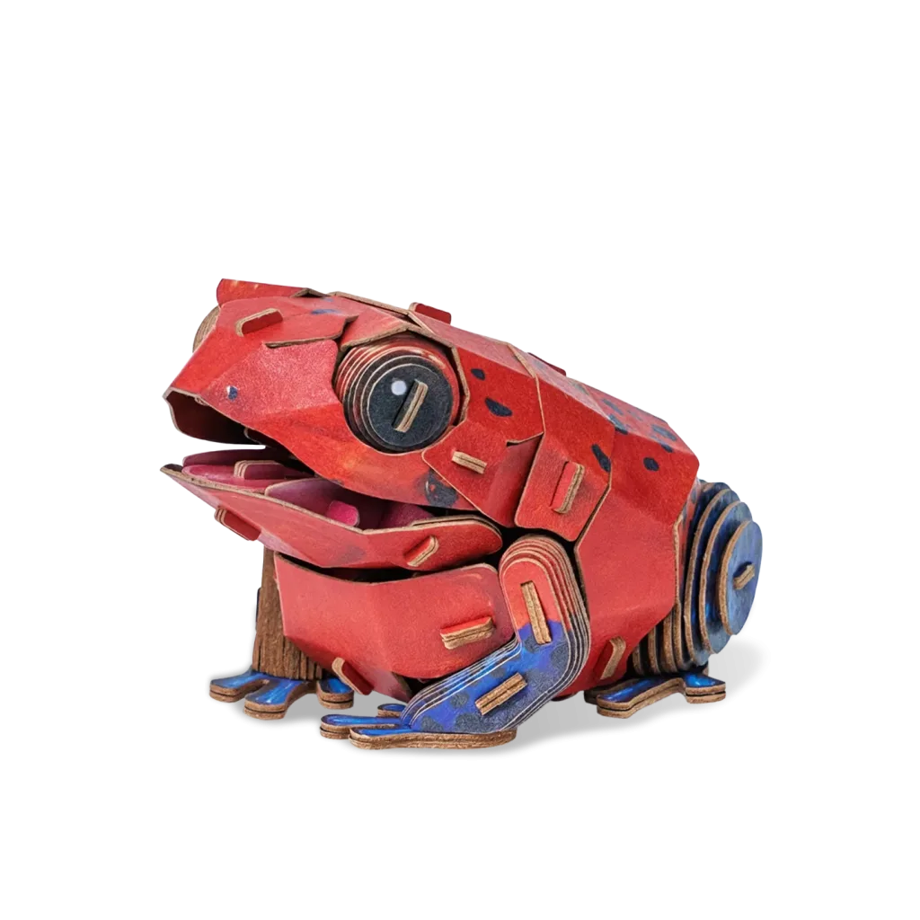 Strawberry Poison Dart Frog Paper Model-Bring the rainforest to your desk by assembling this vibrant, lifelike frog from 127 pieces of eco-friendly kraft paper