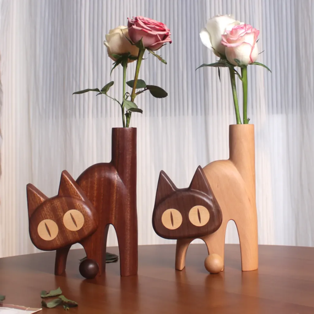 Whimsical Wooden Cat Vase-This wooden cat vase, inspired by playful cat expressions, is a truly unique object.