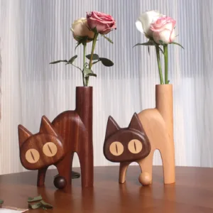 Whimsical Wooden Cat Vase-This wooden cat vase, inspired by playful cat expressions, is a truly unique object.