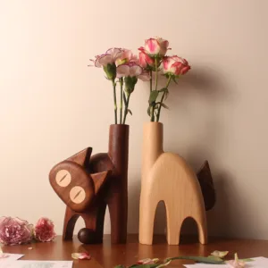 Whimsical Wooden Cat Vase-This wooden cat vase, inspired by playful cat expressions, is a truly unique object.