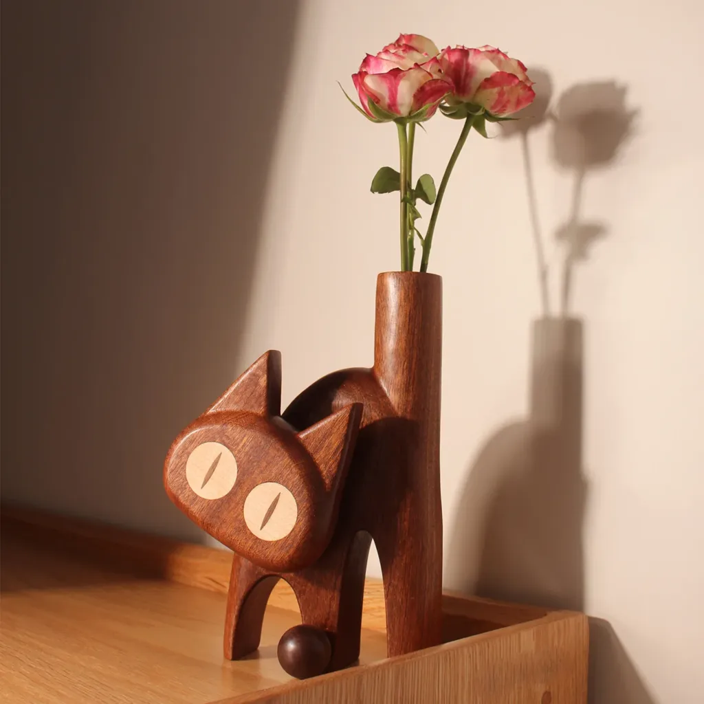 Whimsical Wooden Cat Vase-This wooden cat vase, inspired by playful cat expressions, is a truly unique object.