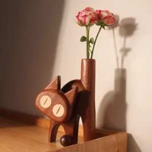 Whimsical Wooden Cat Vase-This wooden cat vase, inspired by playful cat expressions, is a truly unique object.
