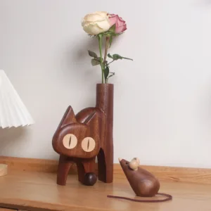 Whimsical Wooden Cat Vase-This wooden cat vase, inspired by playful cat expressions, is a truly unique object.