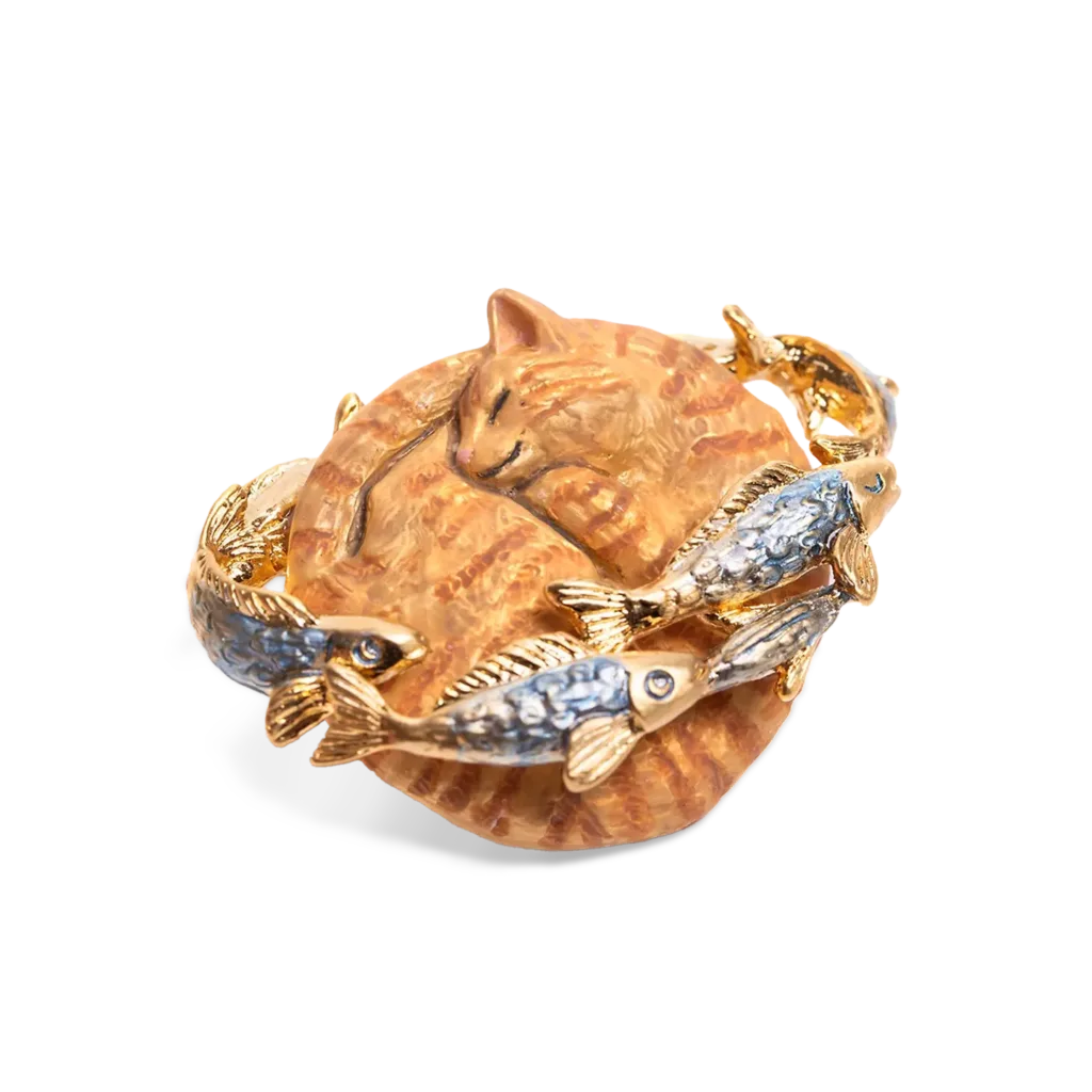 Saturn Cat`s Dream Brooch-This beautifully made brooch captures a blissful cat dreaming of fish.