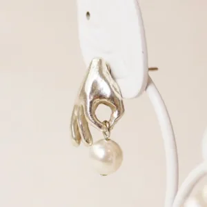 Hand Pearl Drop Earrings-These beautifully made golden hand earrings cradle a swinging pearl