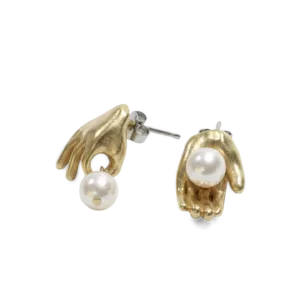 Hand Pearl Drop Earrings-These beautifully made golden hand earrings cradle a swinging pearl