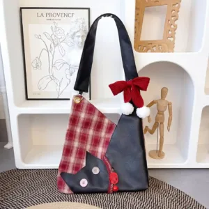 Plaid Cat-Shaped Shoulder Bag-A whimsical cat-silhouette shoulder bag blending cozy plaid and sleek PU leather.