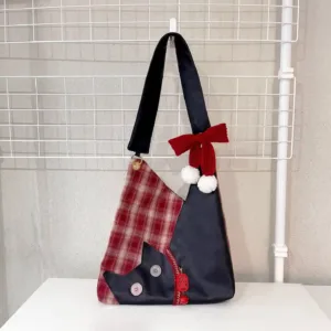 Plaid Cat-Shaped Shoulder Bag-A whimsical cat-silhouette shoulder bag blending cozy plaid and sleek PU leather.